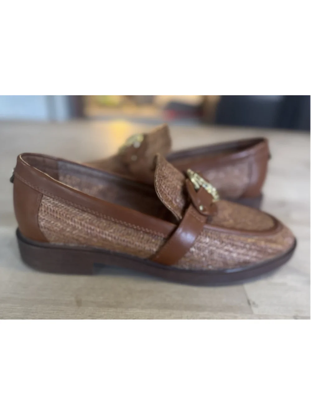 Sam & Libby Bailen loafers Women’s Size 10 Woven Tan Brown Leather Gold Accent